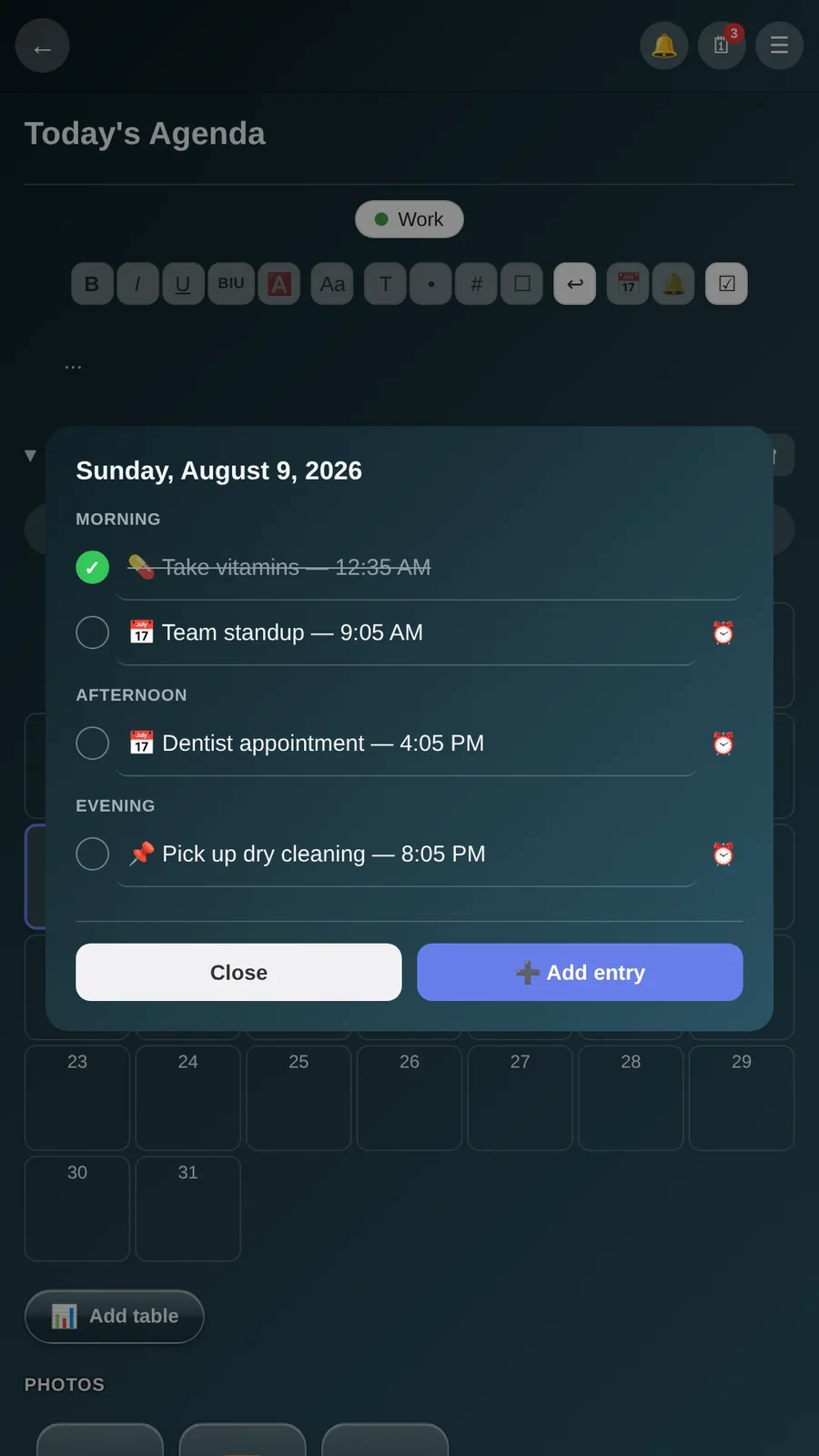 A daily agenda view with morning, afternoon, and evening entries, several with alarm reminders attached