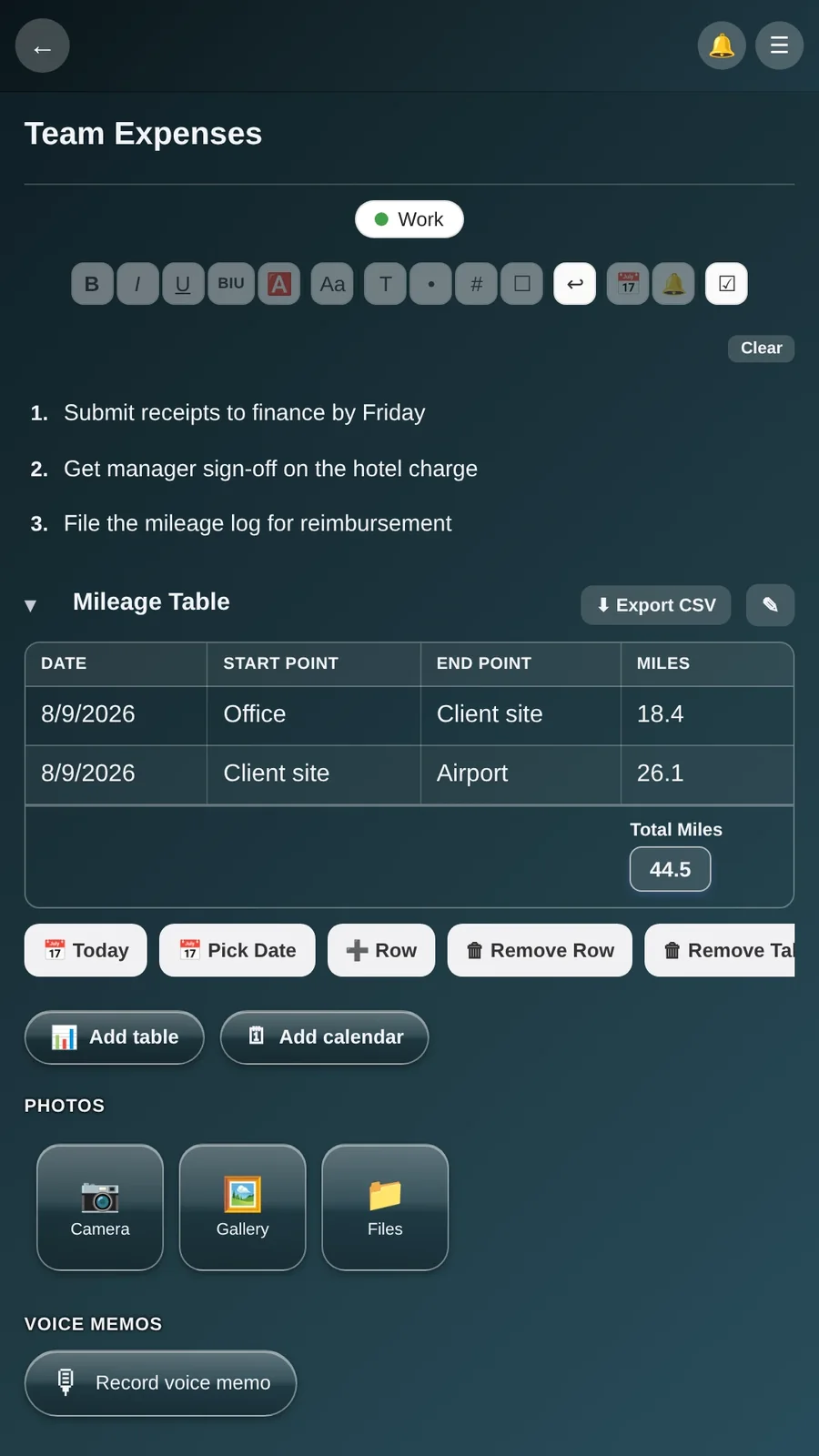 A mileage table inside a note with rows of dates, start and end points, and a running mileage total