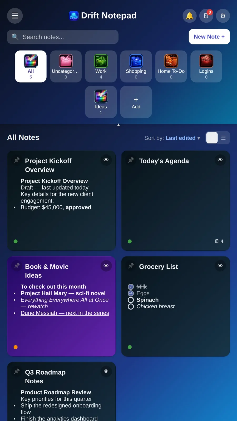 Drift Notepad dashboard showing a grid of categorized notes with pinned items