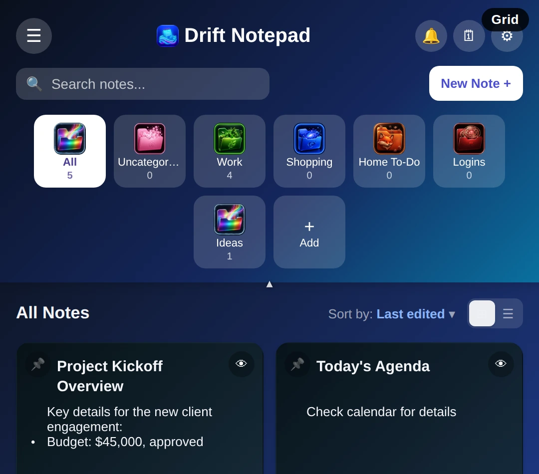 Drift Notepad dashboard in grid view, showing notes as cards