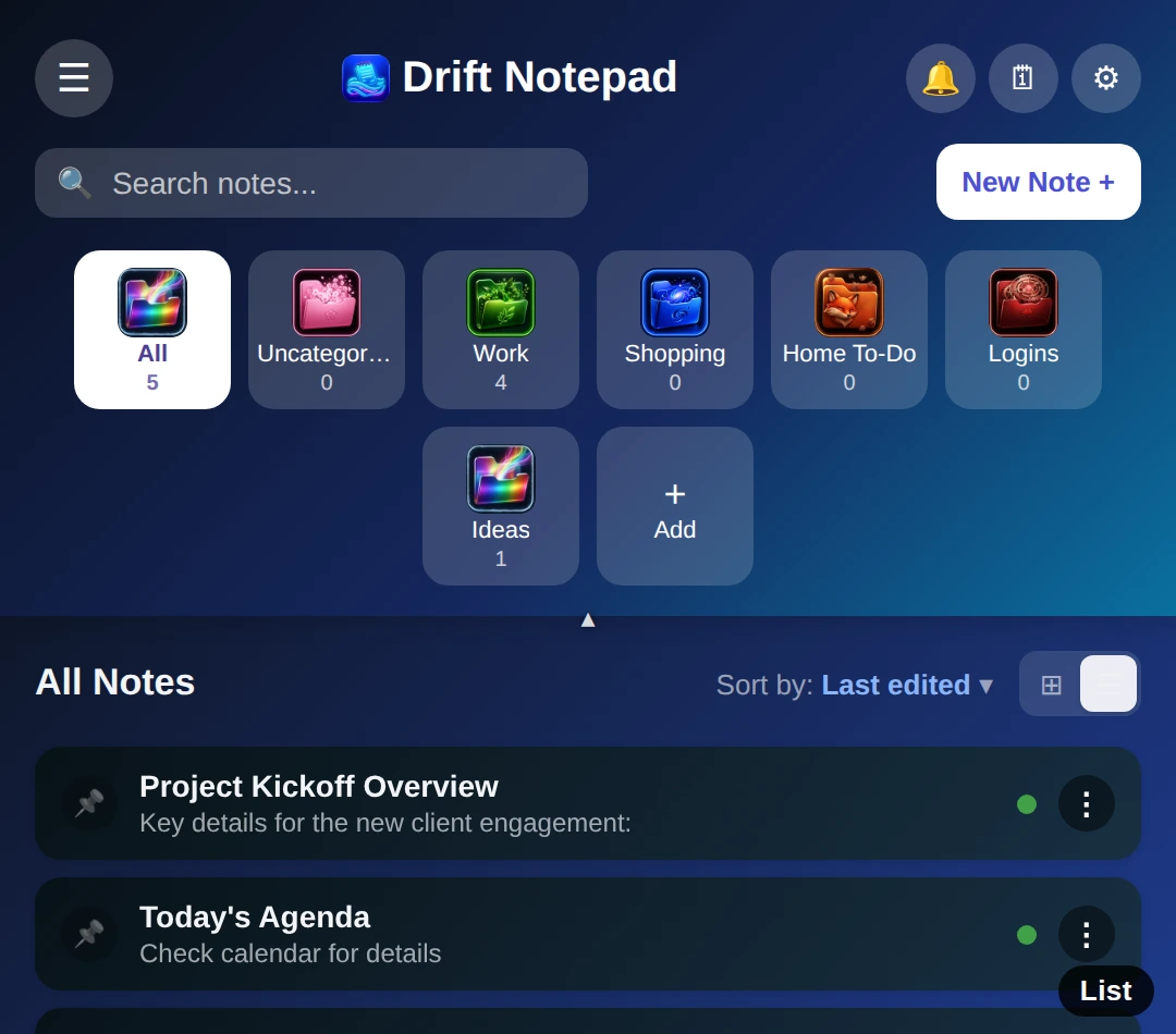 Drift Notepad dashboard in list view, showing notes as dense rows