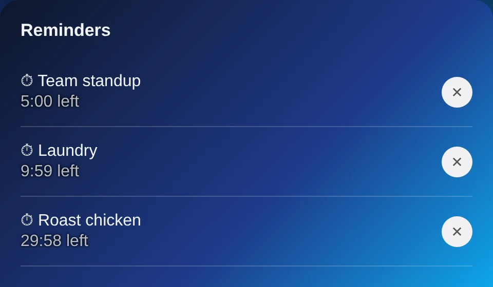A Reminders list showing three active timers counting down live, across three different notes