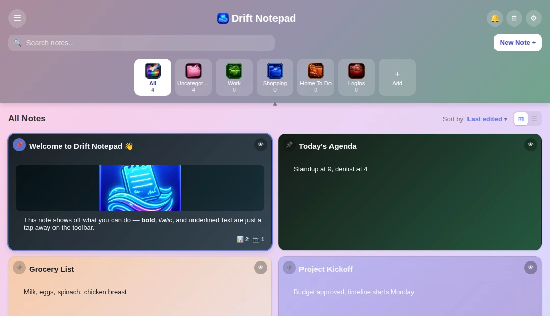 Dashboard in Vibrant's Holo scheme, a soft pink, lavender, and mint gradient