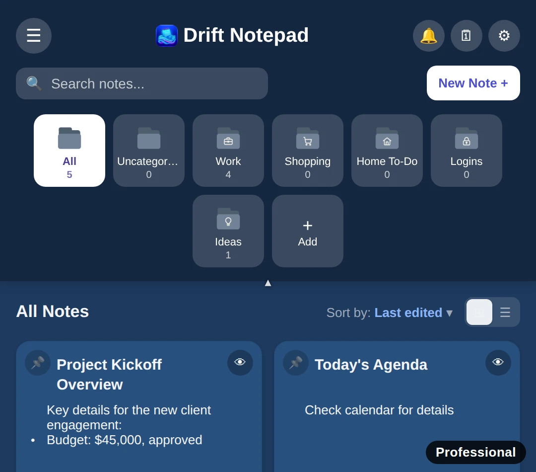 Drift Notepad dashboard in Professional theme, with flat muted folder icons