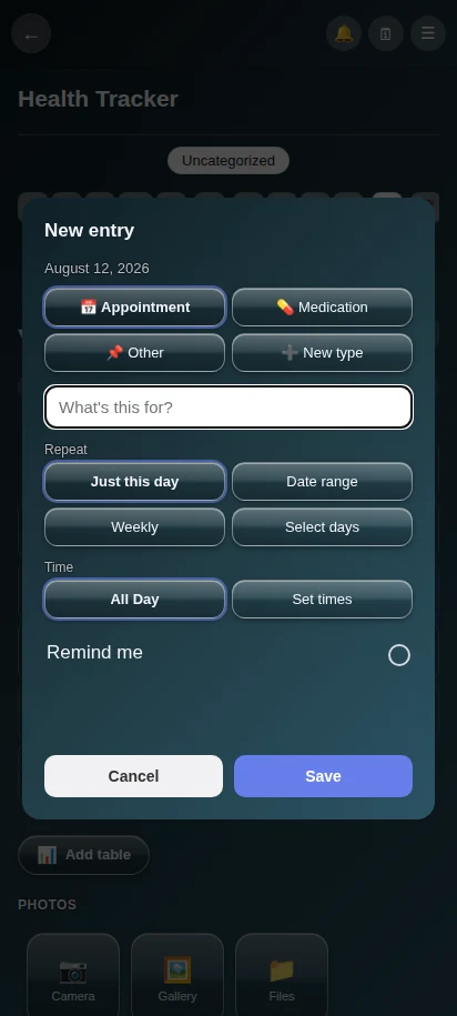 The New Entry form for a calendar day, showing type picker, repeat options, and time settings