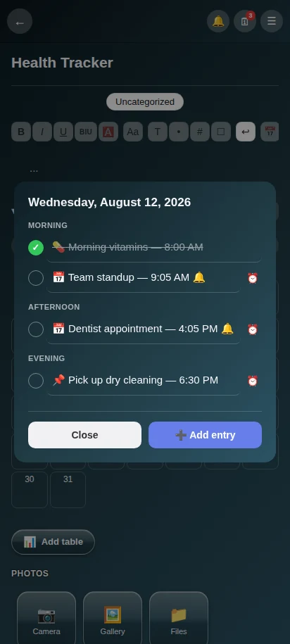 A day view inside a note's calendar, showing entries grouped into Morning, Afternoon, and Evening, one marked complete