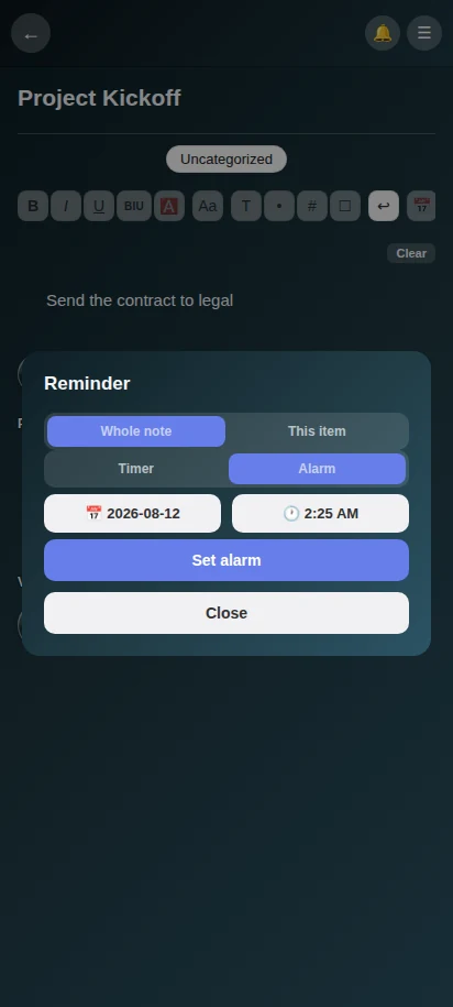 The Reminder sheet set to Alarm mode, with Whole note or This item scope, and date/time pickers