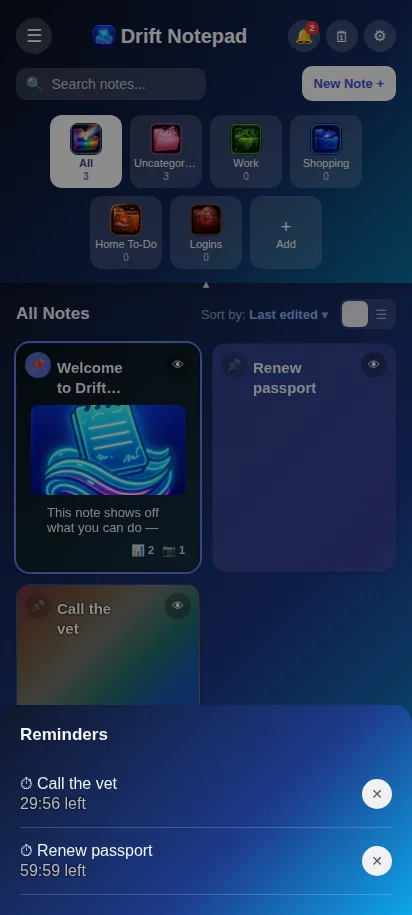 The dashboard's reminders list showing an active timer counting down