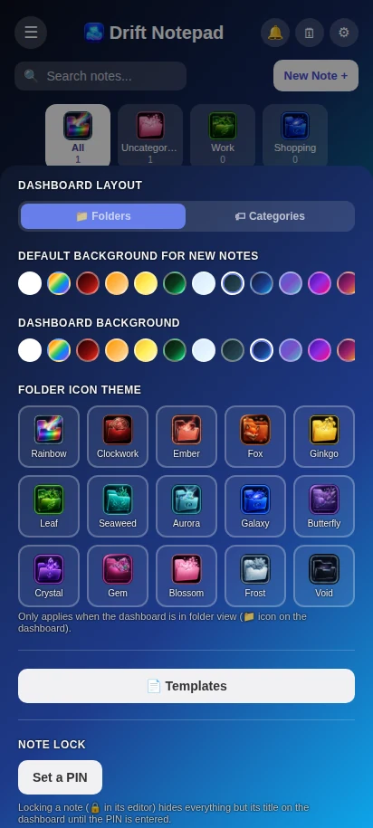 Settings showing the full grid of 15 folder icon theme options
