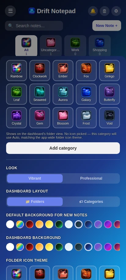 Settings showing the Vibrant/Professional toggle, Folders/Categories dashboard layout toggle, and background swatches