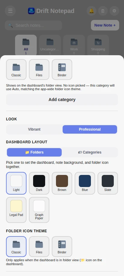 Settings in Professional mode, showing the Light, Dark, Brown, Blue, Slate, Legal Pad, and Graph Paper preset colors